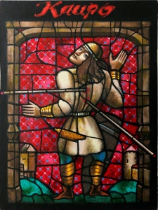 Gunārs Kroļļa ilustrācija (2003) Ārija Geikina grāmatas “Vēstījums par lībiešu kuningu Kaupo” vākam
