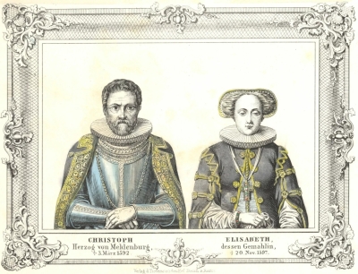 Mēklenburgas hercoga Kristofa un viņa otrās sievas, Zviedrijas princeses Elizabetes, dubultportrets; 1842. gada litogrāfija no izdevuma "Mēklenburga attēlos".