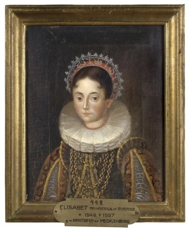 Zviedrijas princeses Elizabetes (1549–1597) portrets zeltītā rāmī; attēlā redzama sieviete vēsturiskā tērpā ar krāšņām rotām un krokotu apkakli.