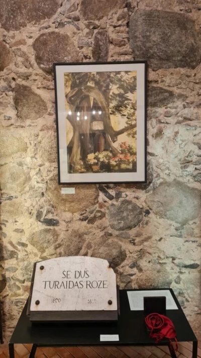 Ekspozīcijas daļa ar Maijas (Turaidas Rozes) piemiņas plāksni "Še dus Turaidas Roze" un ilustrāciju virs tās.