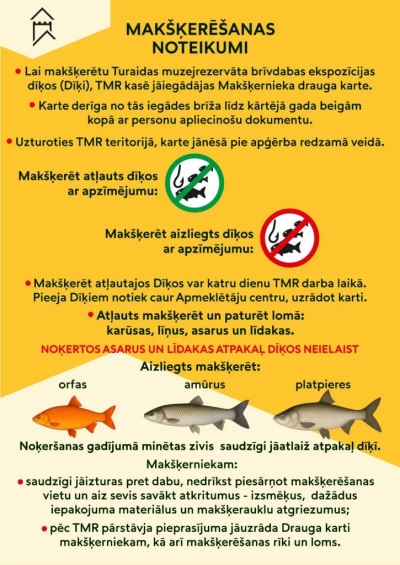 informatīvs plakāts par makšķerēšanas noteikumiem Turaidas muzejrezervāta brīvdabas ekspozīcijas dīķos