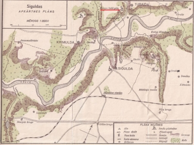 Siguldas apkārtnes plāns, kurā atzīmēta Kaupo lielā pils Kārļa kalnā (pasvītrota ar sarkanu) – otrpus gravai uz rietumiem no Turaidas mūra pils. No: Z. Lancmanis-Līdumnieks, Siguldas un apkārtnes vadonis, Rīga 1924.