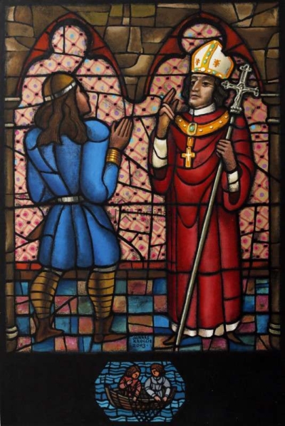 Gunārs Krollis. Kaupo pie bīskapa Alberta. Ilustrācija (2003) Ārija Geikina grāmatai “Vēstījums par lībiešu kuningu Kaupo”.
