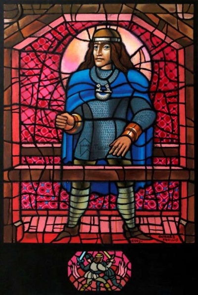 Gunārs Krollis. Kaupo Turaidas pils tornī saulrietā. Ilustrācija (2003) Ārija Geikina grāmatai “Vēstījums par lībiešu kuningu Kaupo”.