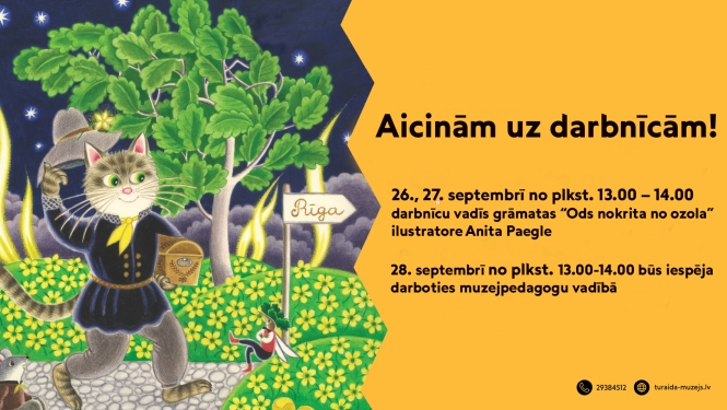  Plakāts ar mākslinieces Anitas Paegles ilustrāciju, kurā attēlots runcis ceļinieka tērpā, aicinot uz radošajām darbnīcām septembrī.