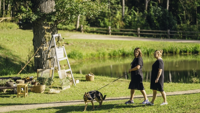 Divas sievietes ar suni pastaigājas Turaidas muzejrezervātā