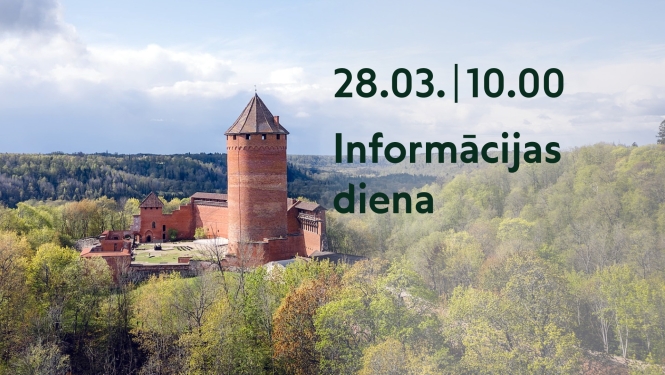 Turaidas pils skats pāri koku galotnēm un paziņojums par Informācijas dienu 28. martā plkst. 10.00.