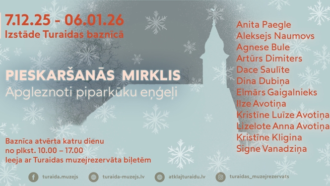 Reklāmas plakāts pasākumam "Ziemas saulgrieži Turaidā" 21. decembrī plkst. 14.00; attēlā redzama folkloras kopa velkot bluķi sniegotā Turaidas pils pagalmā.