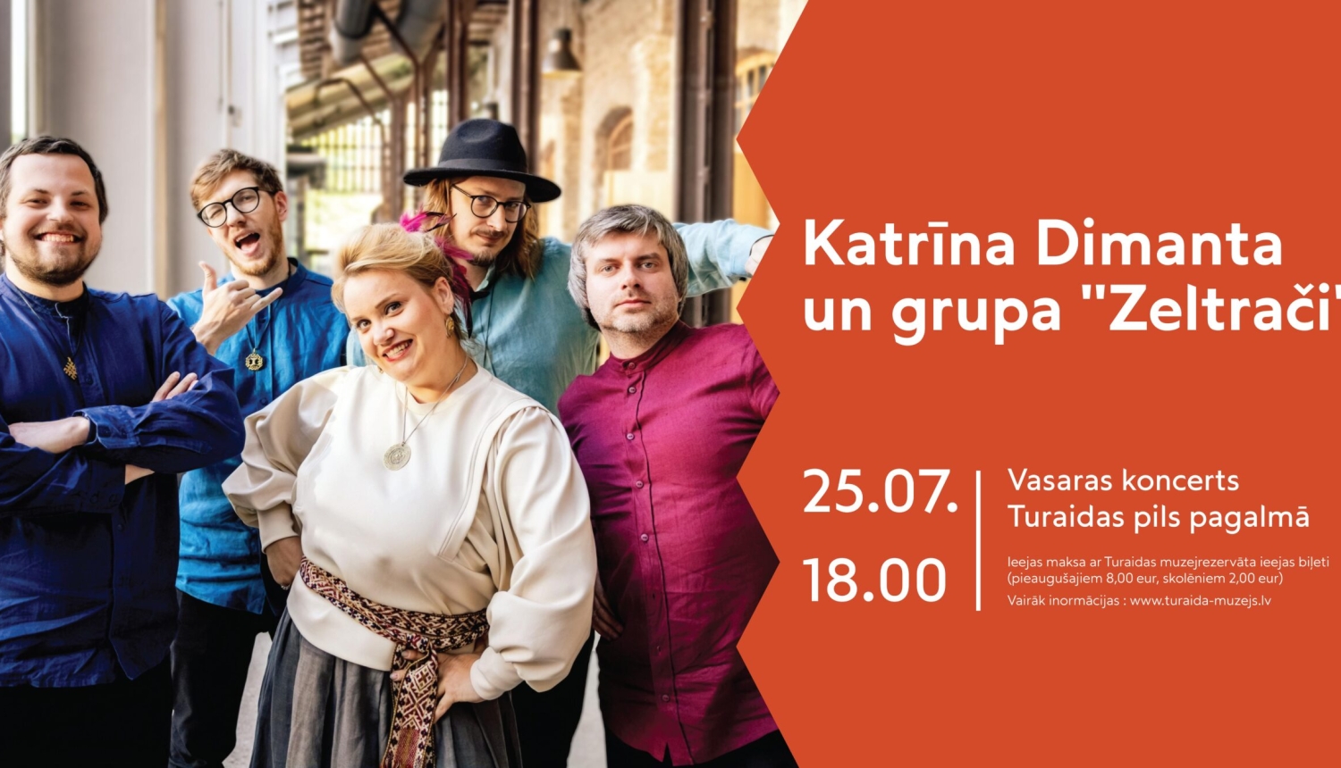 Koncerta plakāts: Katrīna Dimanta un grupa "Zeltrači" uzstāsies Turaidas pils pagalmā 25. jūlijā plkst. 18.00.