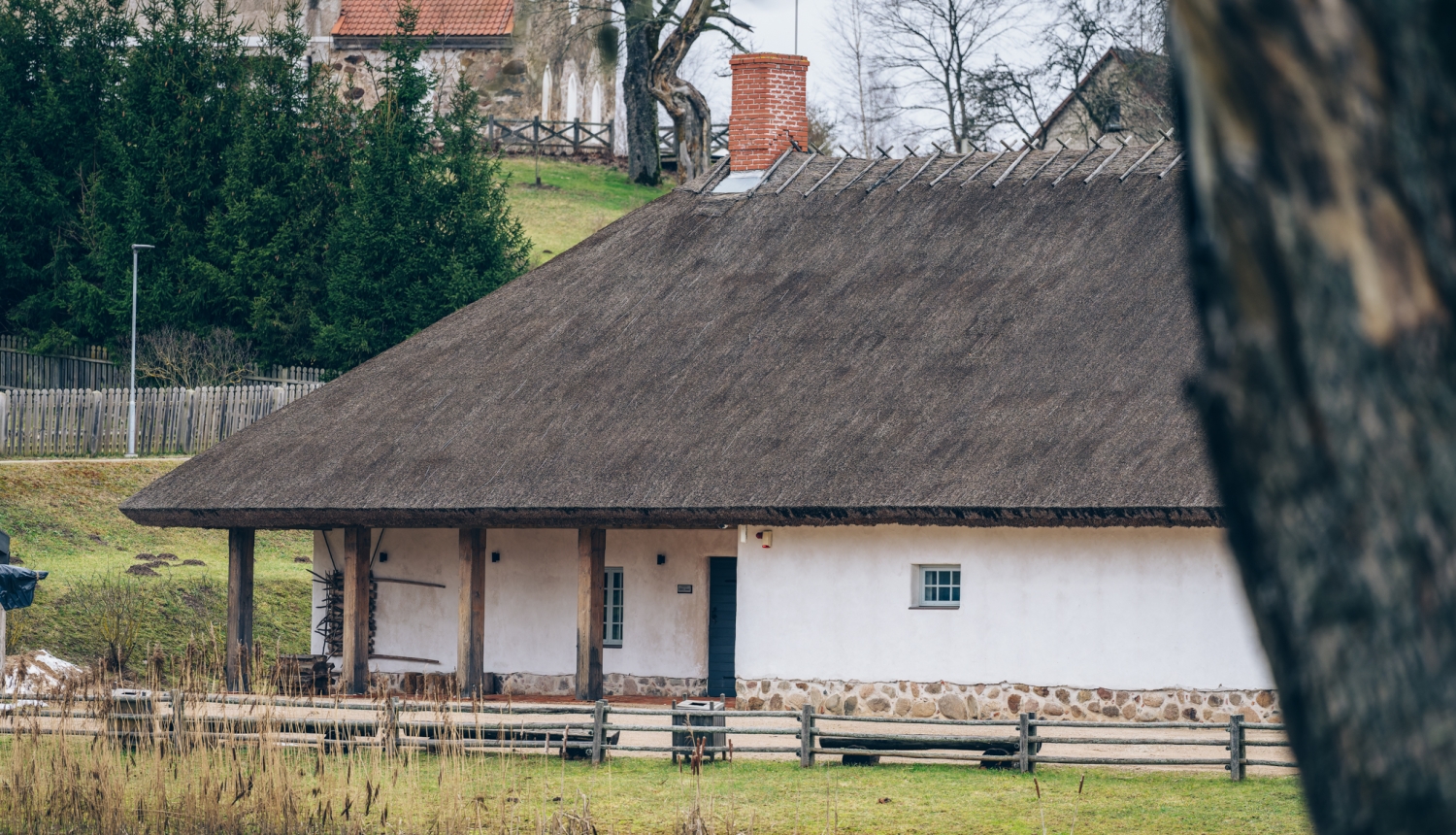 Skati uz Turaidas muižas saimniecības ēkām, ratnīcu un vēsturisko dīķa pagrabu.