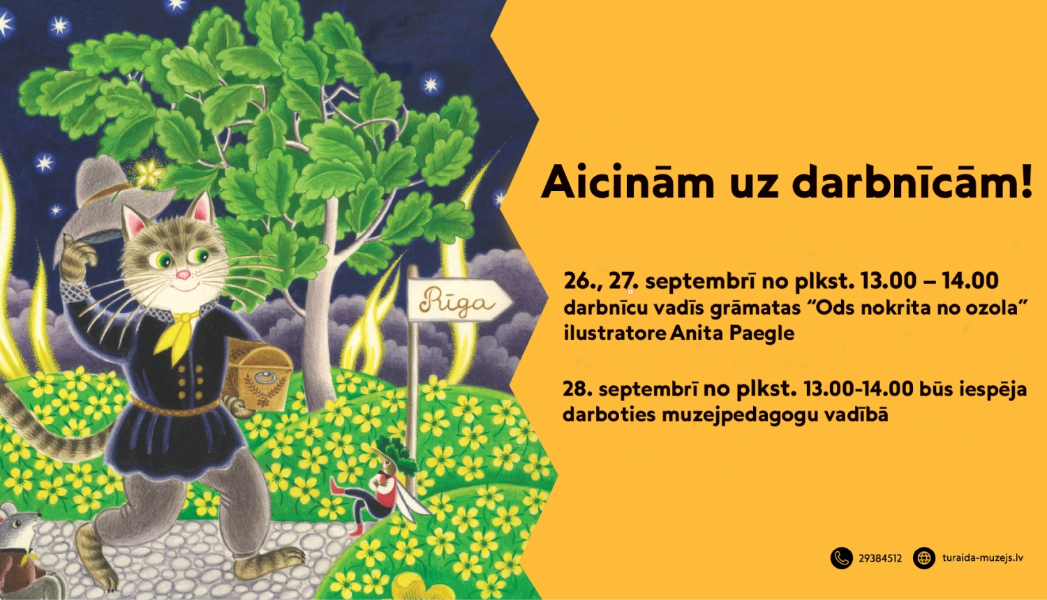  Plakāts ar mākslinieces Anitas Paegles ilustrāciju, kurā attēlots runcis ceļinieka tērpā, aicinot uz radošajām darbnīcām septembrī.