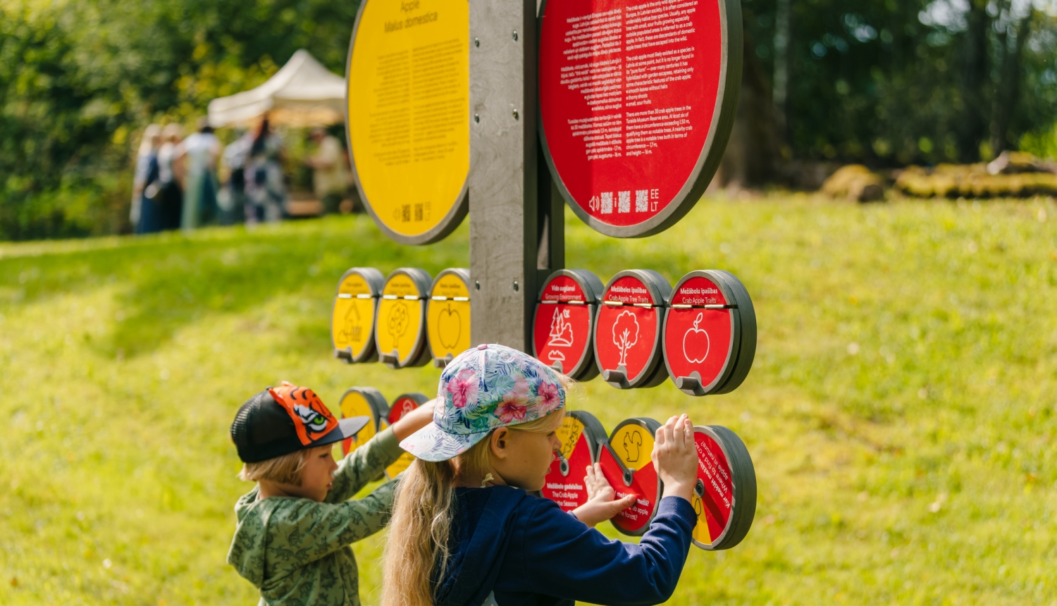 Bērni pēta interaktīvu izziņas stendu Turaidas meža parkā, iepazīstot dabas daudzveidību caur spēles elementiem.