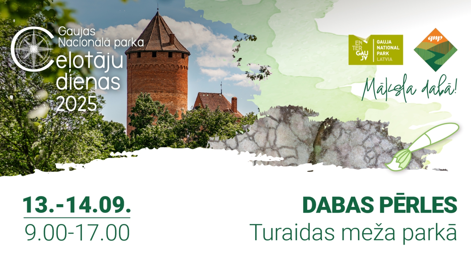 Pasākuma "Gaujas Nacionālā parka Ceļotāju dienas 2025" plakāts ar Turaidas pils torni un informāciju par norisi 13.–14. septembrī.