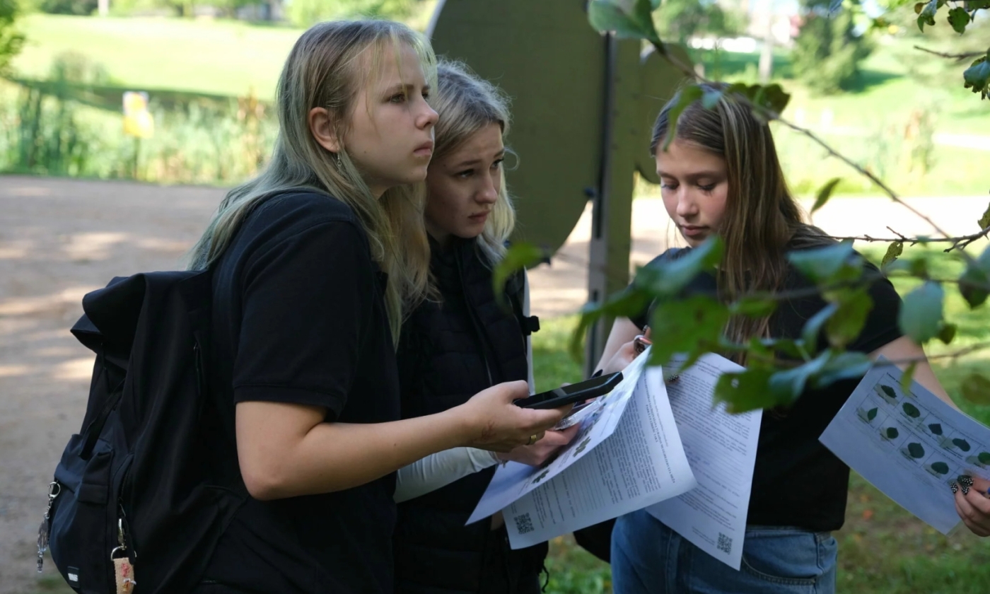 Lapkoku daudzveidības salīdzināšana. Skolnieces pēta koku lapas.