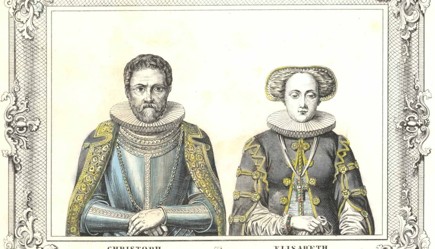 Mēklenburgas hercogs ar sievu Elizabeti.  Litogrāfija  publicēts 1842.gadā